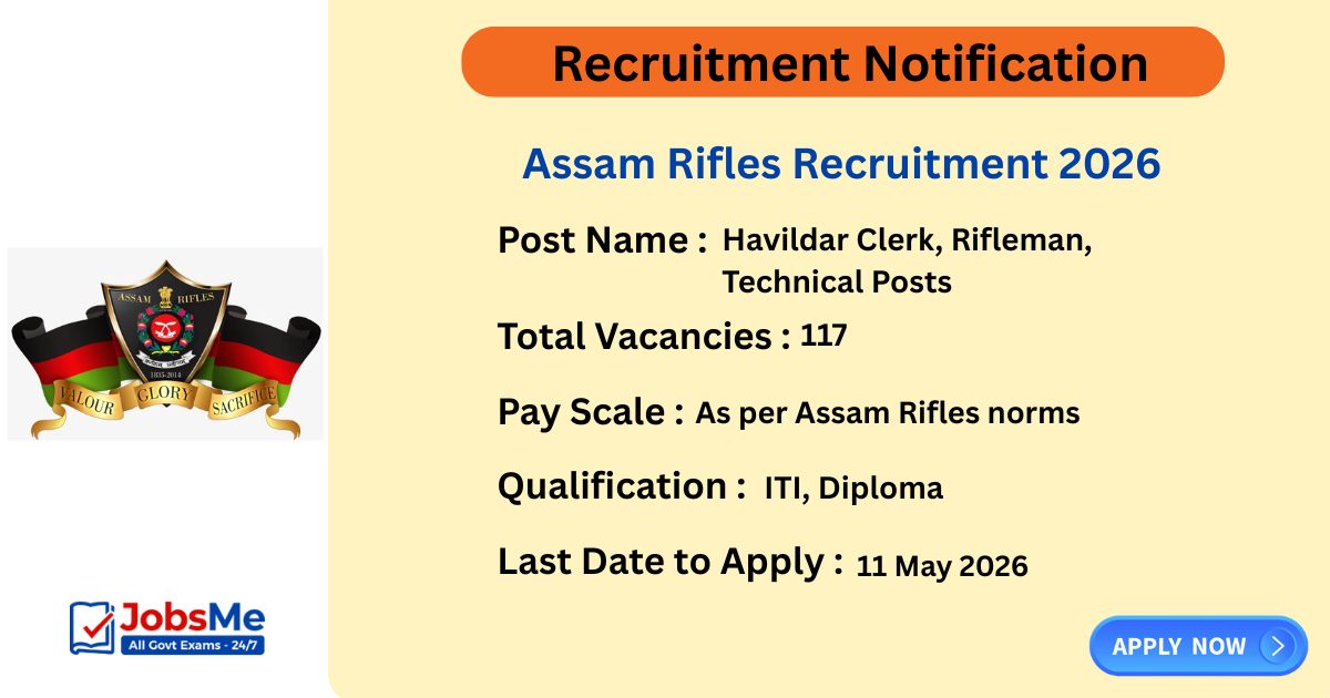 Assam Rifles Recruitment 2026 Apply Offline for 117 Havildar Clerk, Rifleman & More Posts