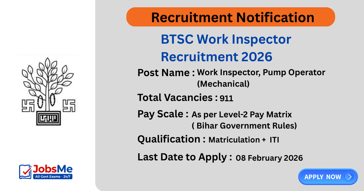 BTSC Work Inspector Recruitment 2026 – Apply Online for 911 Posts