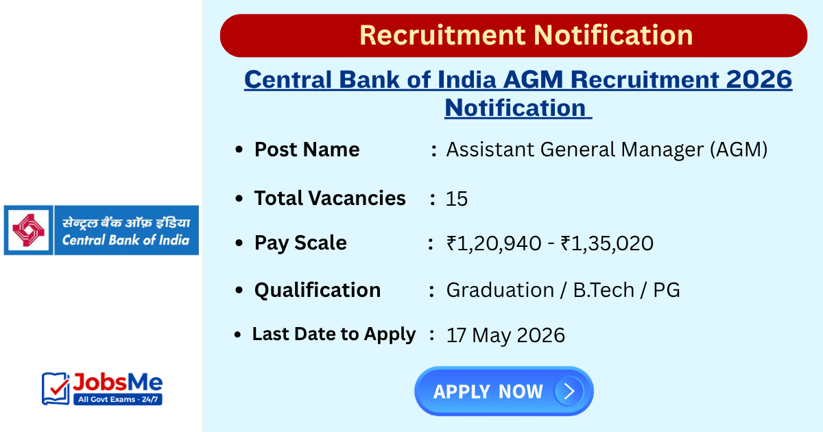 Central Bank of India AGM Recruitment 2026 – Apply Online Link Active, 15 Vacancies