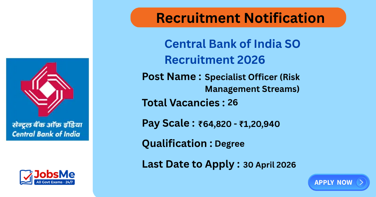 Central Bank of India SO Recruitment 2026 Apply Online for 26 Specialist Officer Posts