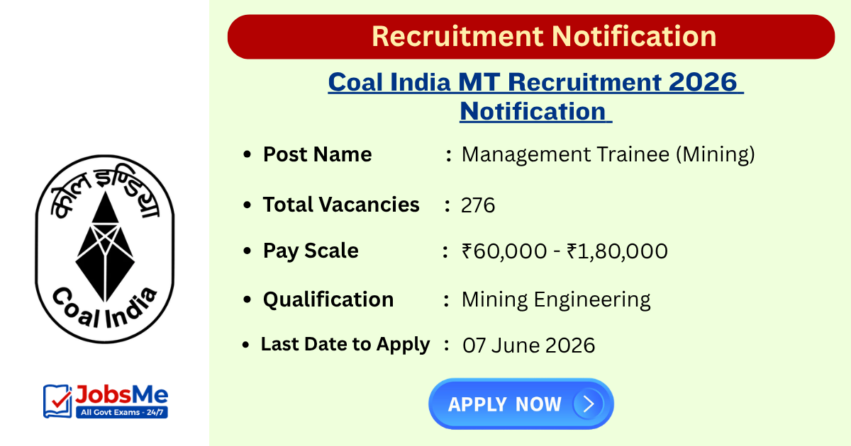 Coal India MT Recruitment 2026 Notification Out for 276 Mining Posts Through GATE 2025