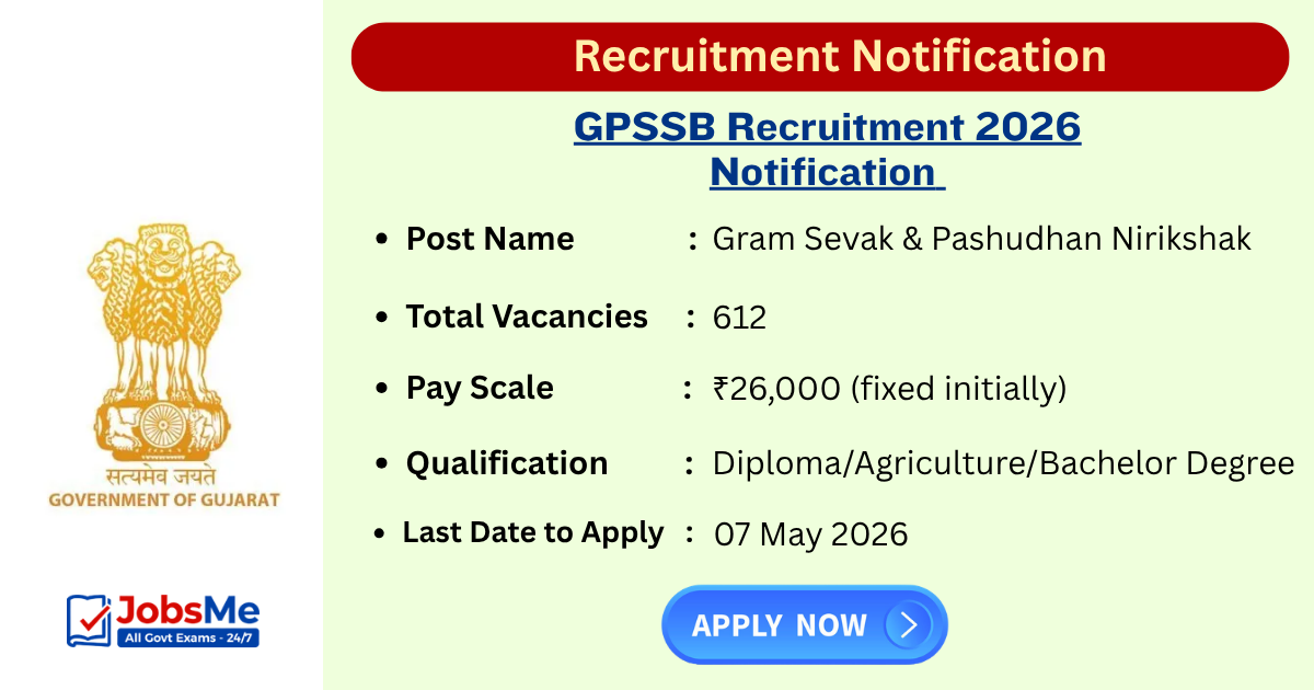 GPSSB Recruitment 2026 Notification Out for 612 Gram Sevak & Pashudhan Nirikshak Posts