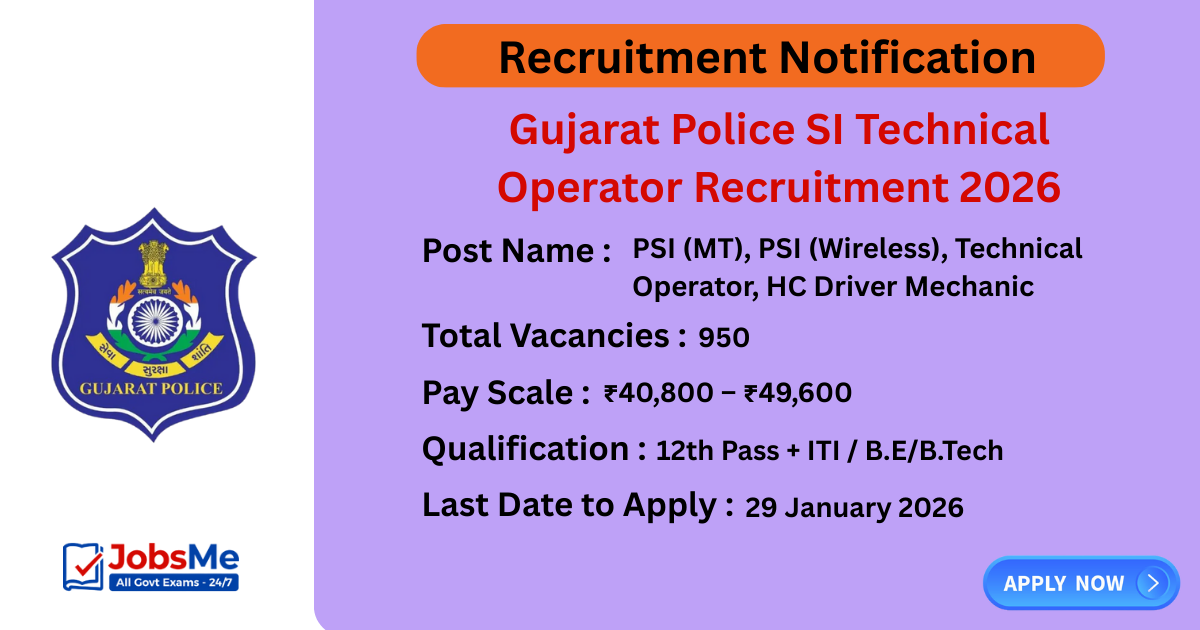 Gujarat Police SI Technical Operator Recruitment 2026 – Apply Online for 950 PSI & Constable Posts