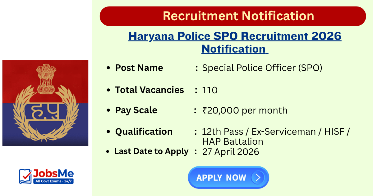 Haryana Police SPO Recruitment 2026 Notification Out for 110 Special Police Officer Posts