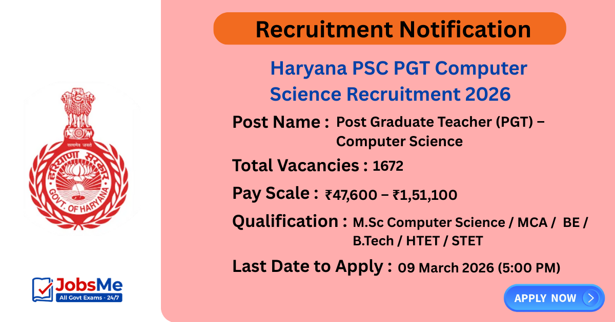 Haryana PSC PGT Computer Science Recruitment 2026 – Apply Online for 1672 Posts