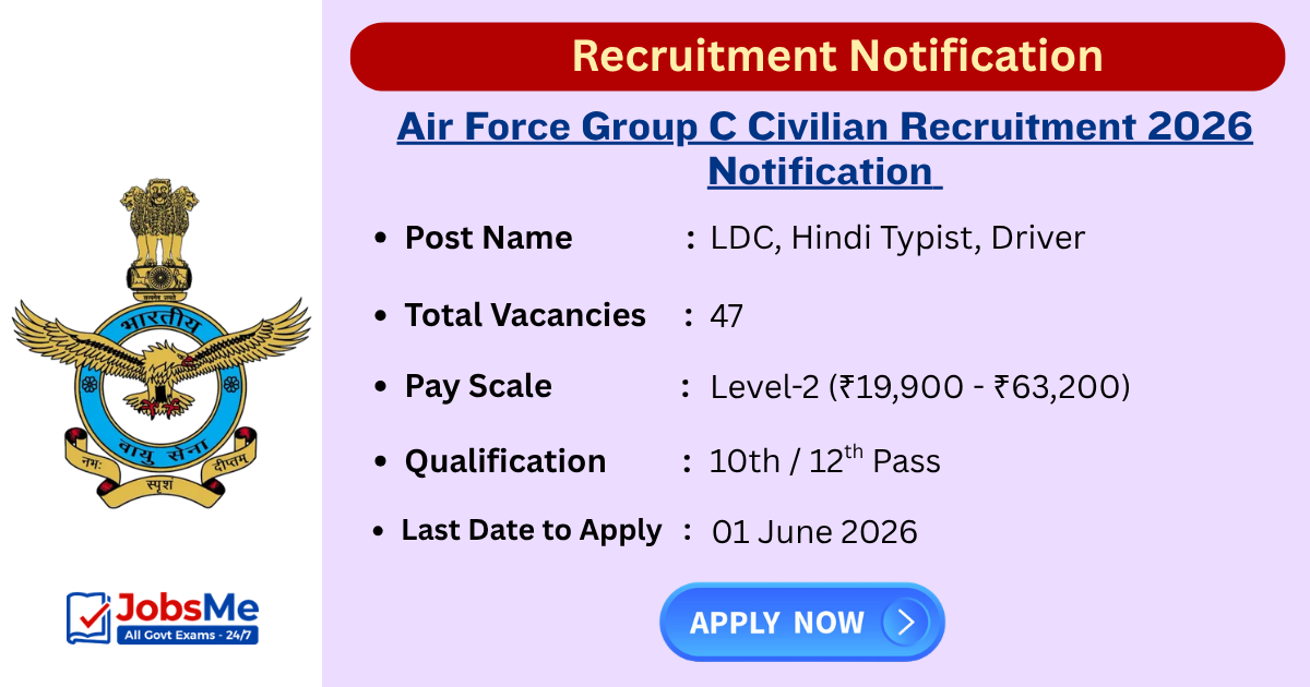 Air Force Group C Civilian Recruitment 2026 for 47 Posts, Apply Offline