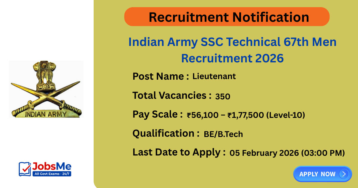 Indian Army SSC Technical 67th Men Recruitment 2026 – Apply Online for 350 Posts