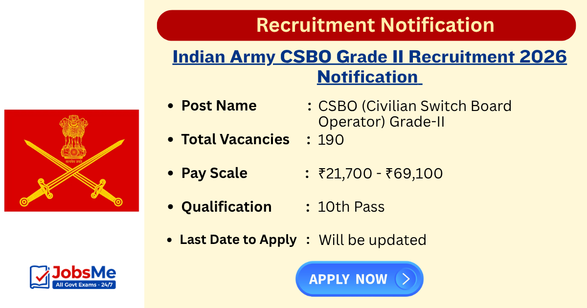 Indian Army CSBO Grade II Recruitment 2026 Notification for 190 Posts, Apply Offline