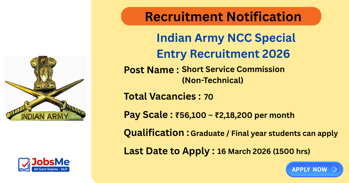 Indian Army NCC Special Entry Recruitment 2026 – Apply Online for 70 Posts