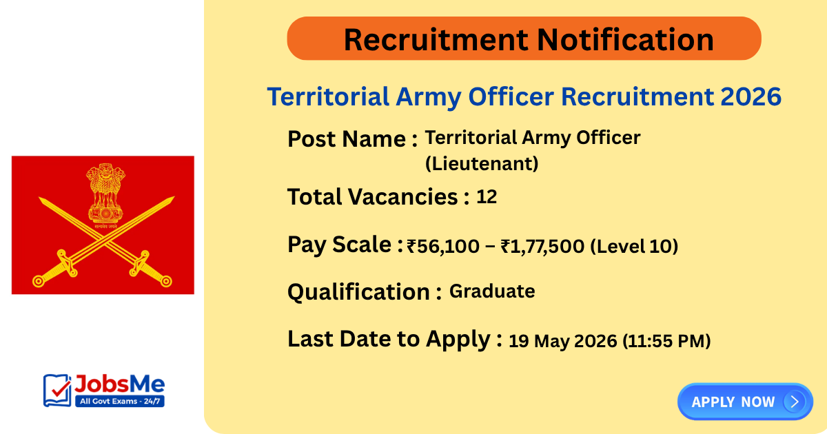Territorial Army Officer Recruitment 2026 Apply Online for 12 Posts