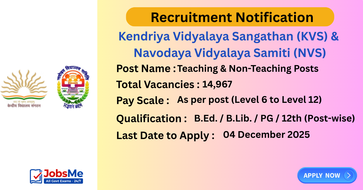 KVS & NVS Recruitment Notification 2025 – Apply Online for 14,967 Teaching & Non-Teaching Posts