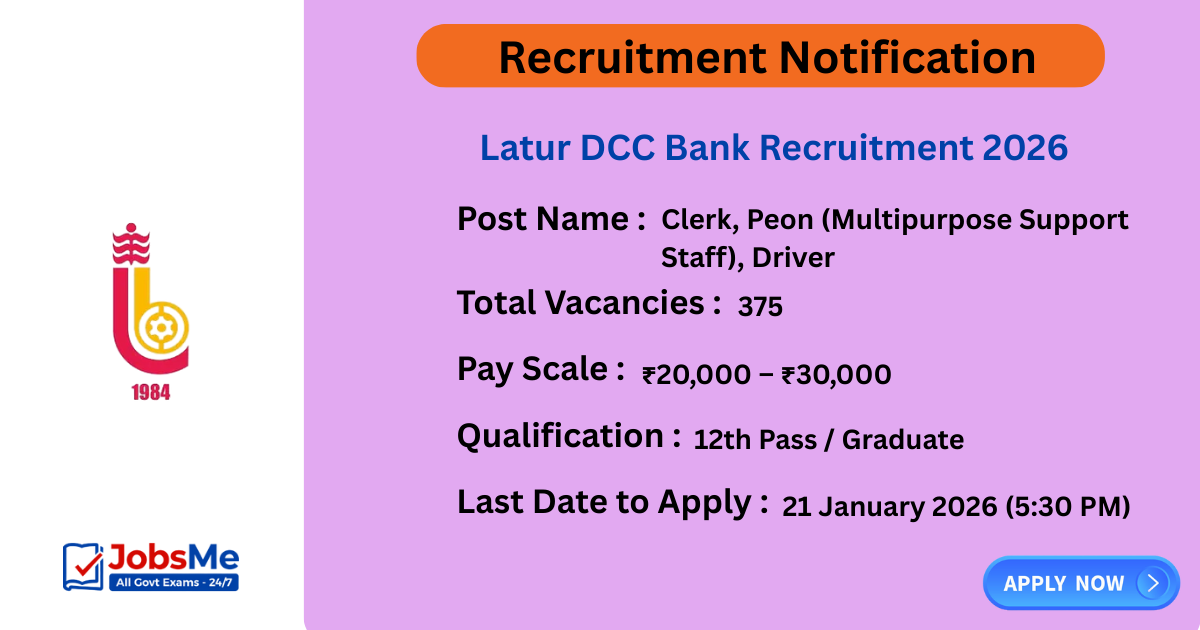 Latur DCC Bank Recruitment 2026 – Apply Online for 375 Clerk, Peon & Driver Posts