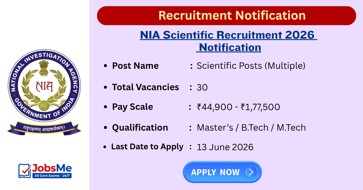 NIA Scientific Recruitment 2026 Notification for 30 Posts – Apply Offline