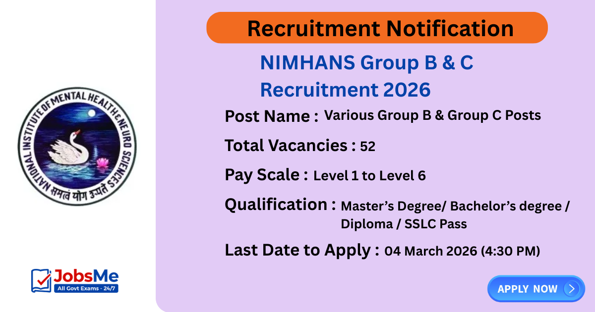 NIMHANS Group B & C Recruitment 2026 – Apply Online for 52 Posts
