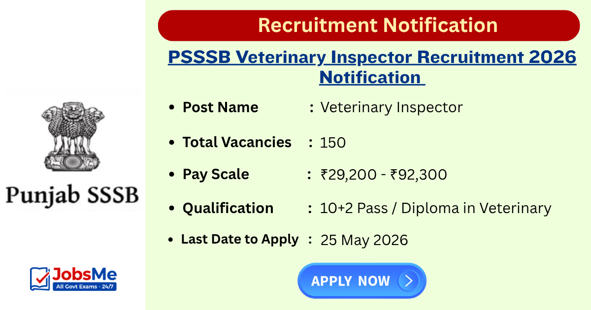 PSSSB Veterinary Inspector Recruitment 2026 Notification Out for 150 Posts | Apply Online
