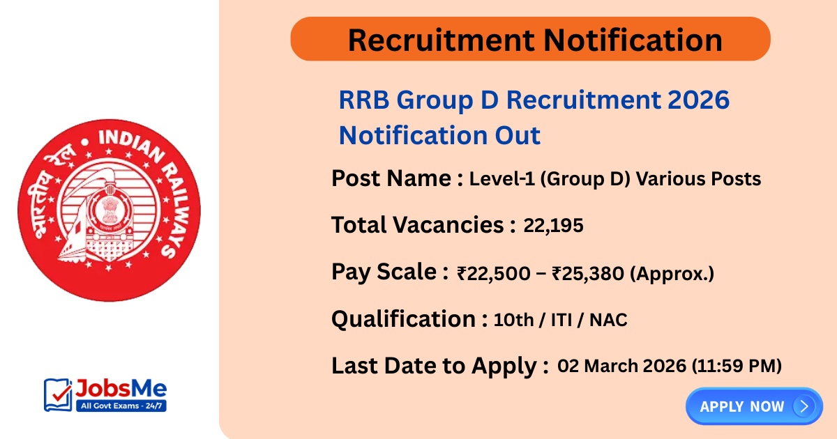 RRB Group D Recruitment 2026 Notification Out – Apply Online for 22,195 Level 1 Posts