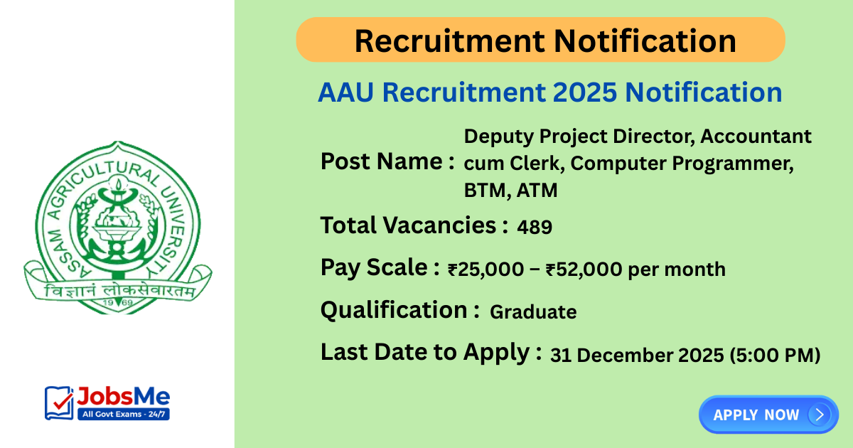 AAU Recruitment 2025 Notification – Apply Online for 489 Deputy Project Director, ATM & Other Posts