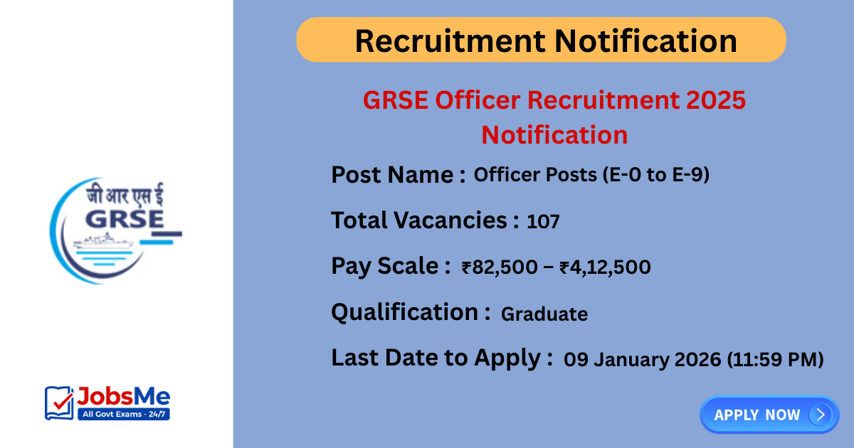GRSE Officer Recruitment 2025 Notification – Apply Online for 107 Posts