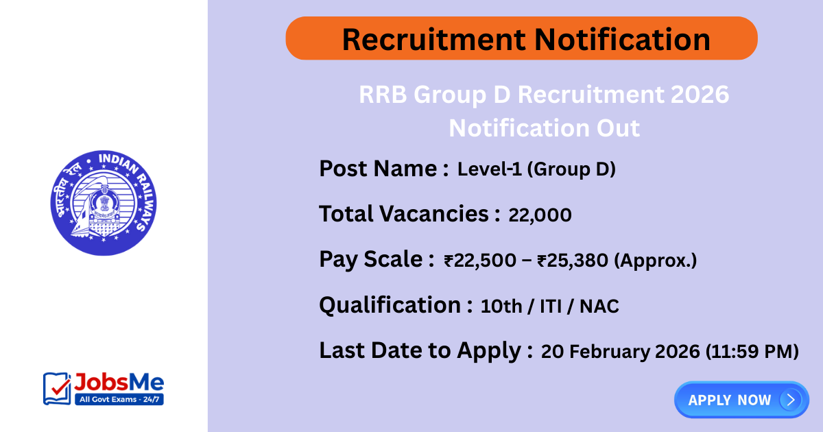 RRB Group D Recruitment 2026 Notification Out – Apply Online for 22,000 Level 1 Posts