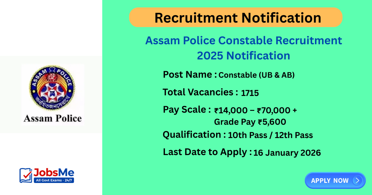 Assam Police Constable Recruitment 2025 Notification – Apply Online for 1715 UB & AB Posts