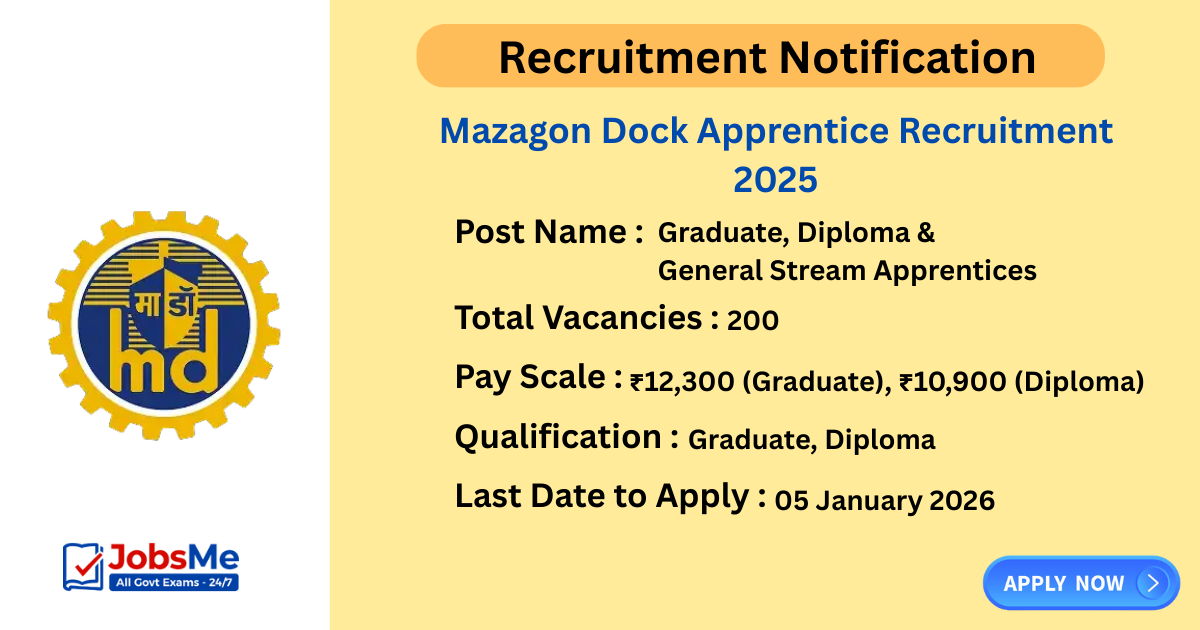 Mazagon Dock Apprentice Recruitment 2025 – Apply Online for 200 Graduate & Diploma Posts
