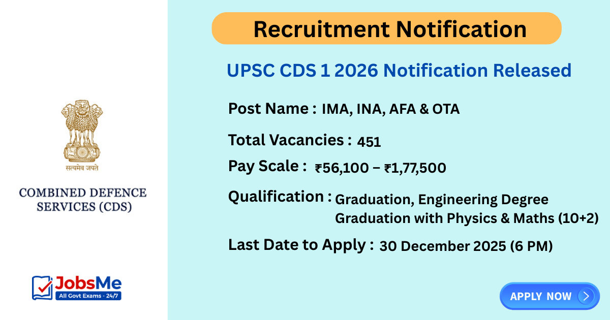 CDS 1 2026 Notification Released – Apply Online for 451 UPSC CDS Vacancies