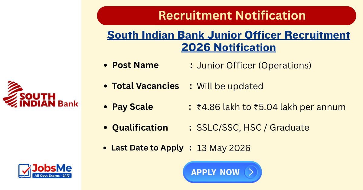 South Indian Bank Junior Officer Recruitment 2026 Notification Out for Andhra Pradesh & Telangana Region