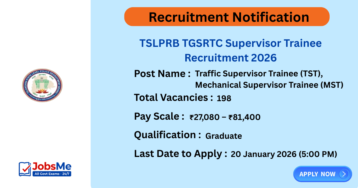 TSLPRB TGSRTC Supervisor Trainee Recruitment 2026 – Apply Online for 198 TST & MST Posts