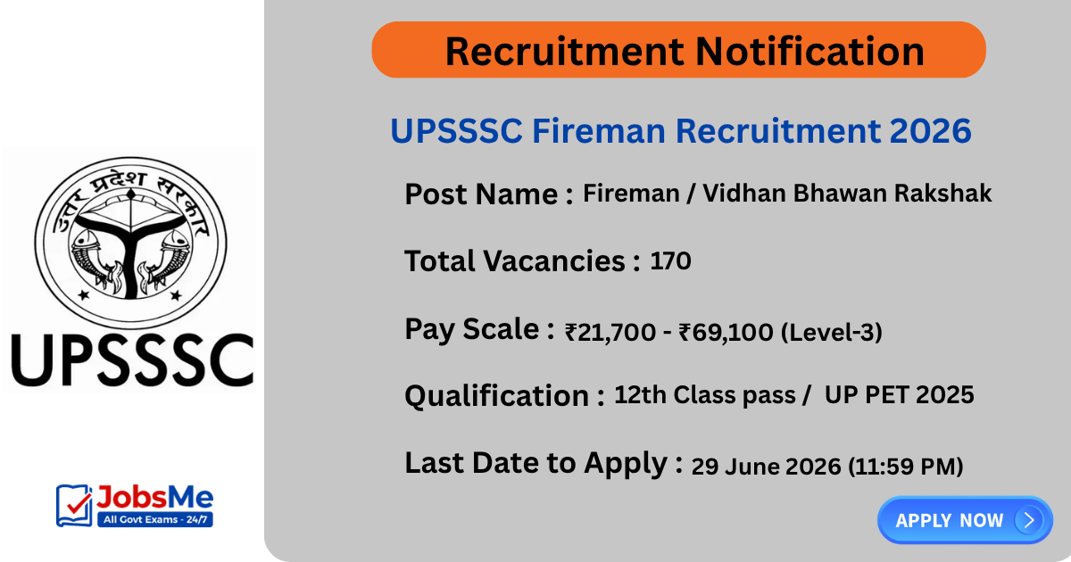 UPSSSC Fireman Recruitment 2026 Apply Online for 170 Posts, Eligibility, Dates, Salary