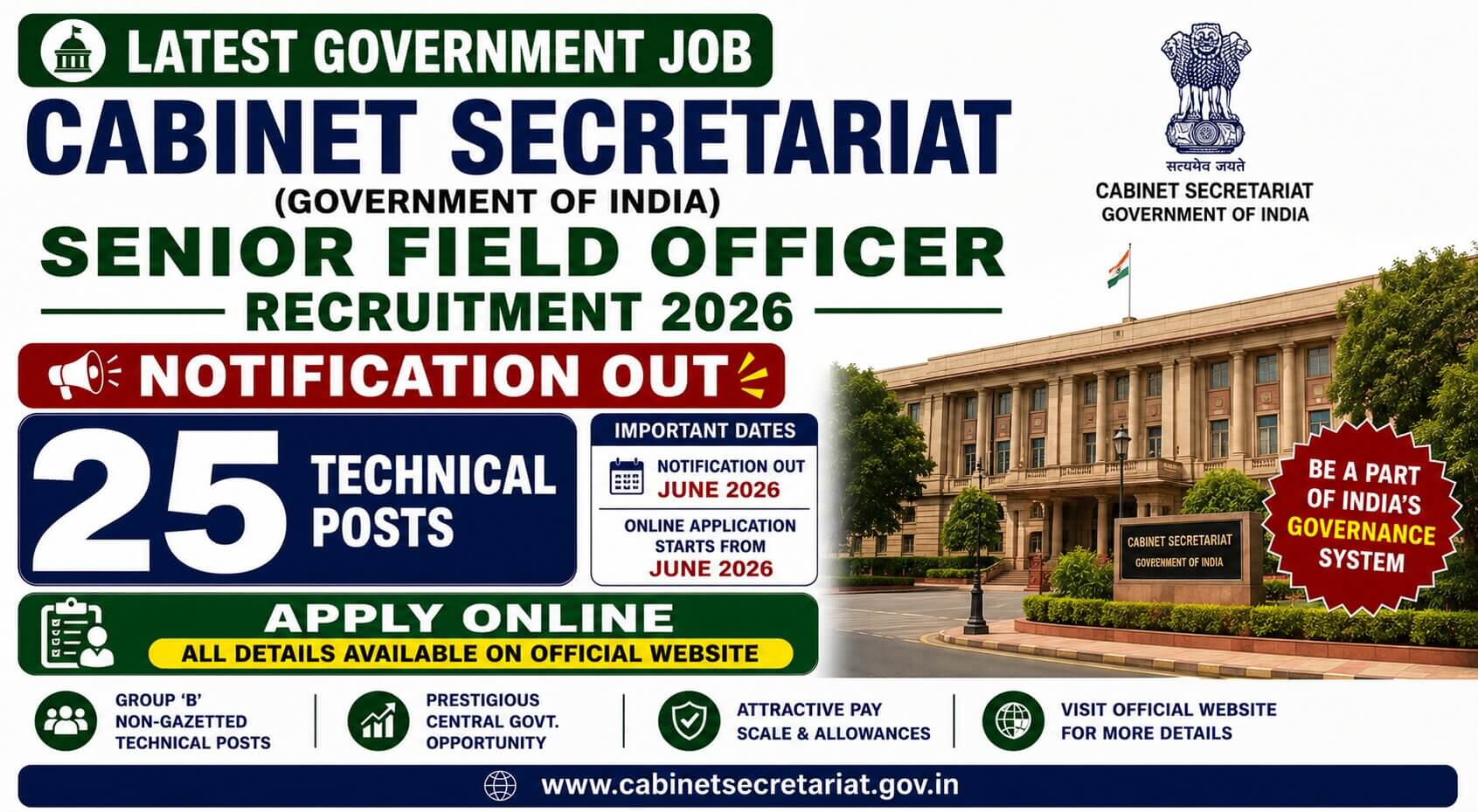 Cabinet Secretariat Senior Field Officer Recruitment 2026 Notification Out for 25 Technical Posts