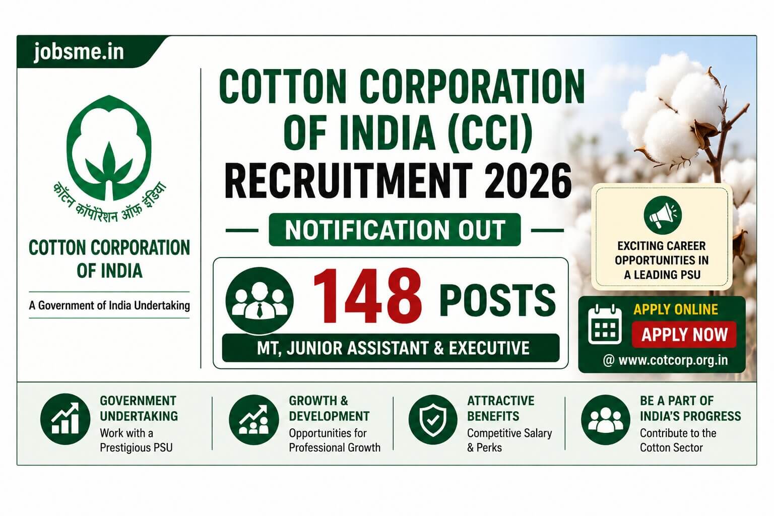 Cotton Corporation of India (CCI) Recruitment 2026 Notification Out for 148 Posts – Apply Online for MT, Junior Assistant & Executive