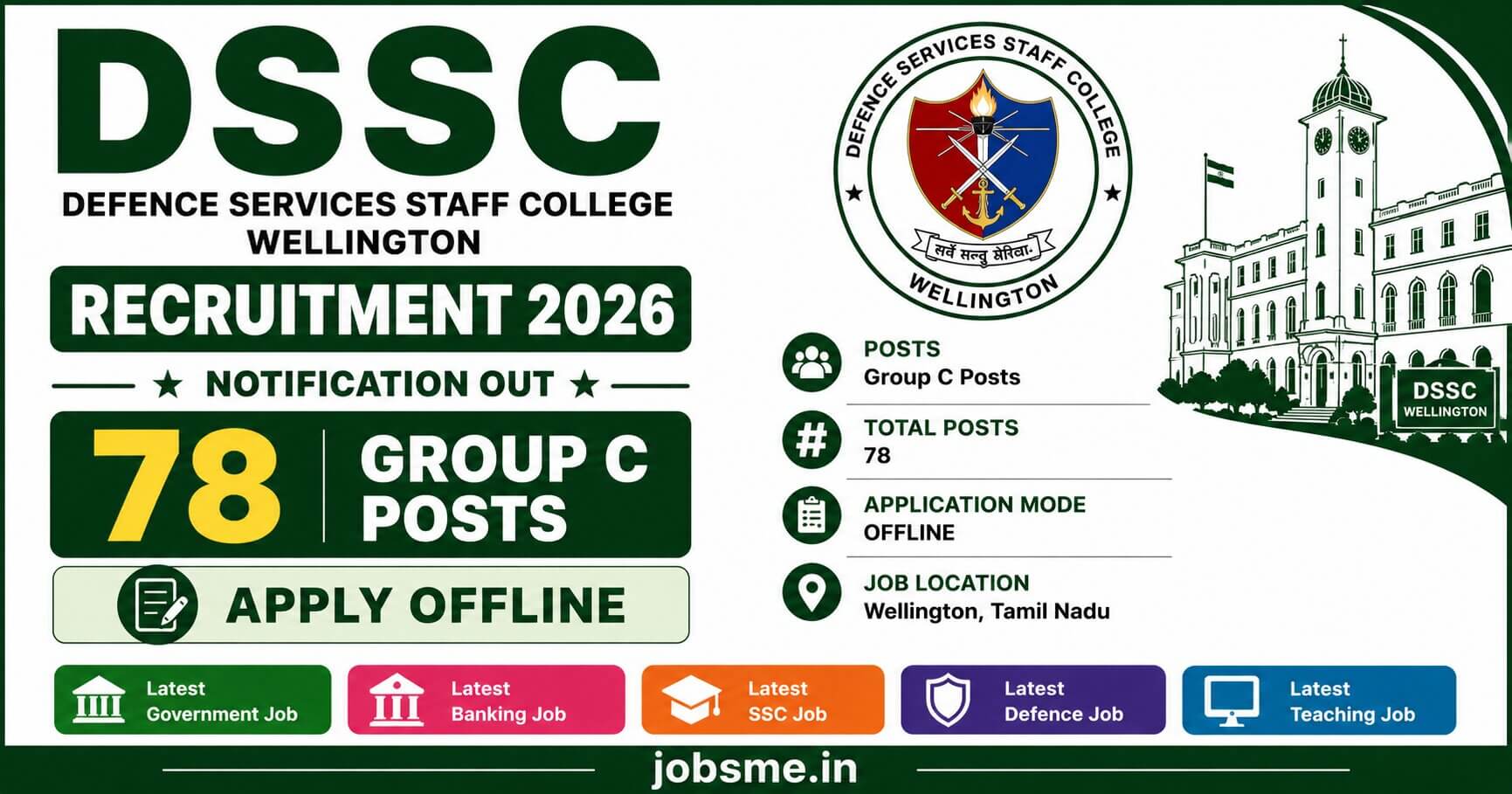 DSSC Wellington Recruitment 2026 Notification Out for 78 Group C Posts – Apply Offline