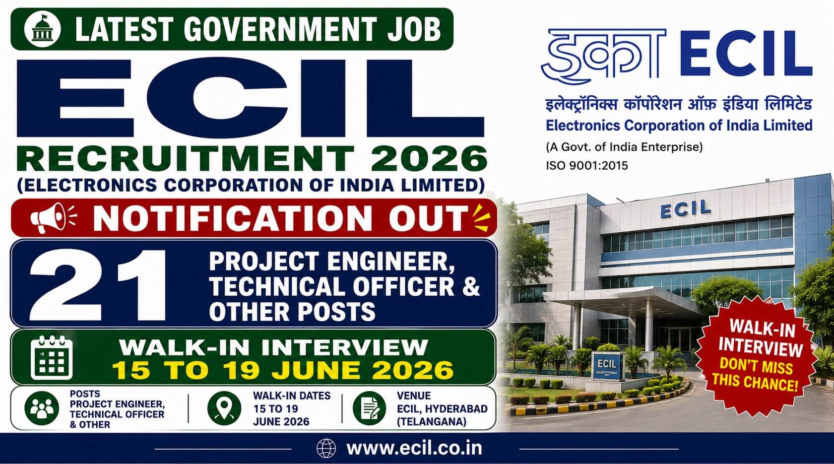 ECIL Recruitment 2026 Notification Out for 21 Project Engineer, Technical Officer & Other Posts, Walk-In from 15 to 19 June