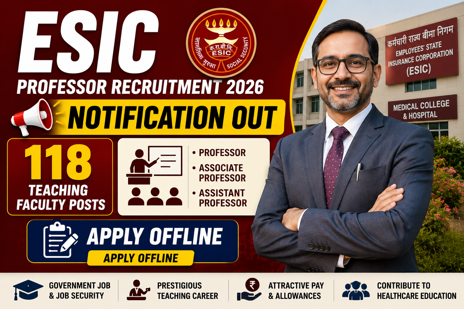ESIC Professor Recruitment 2026 Notification Out for 118 Teaching Faculty Posts – Apply Offline