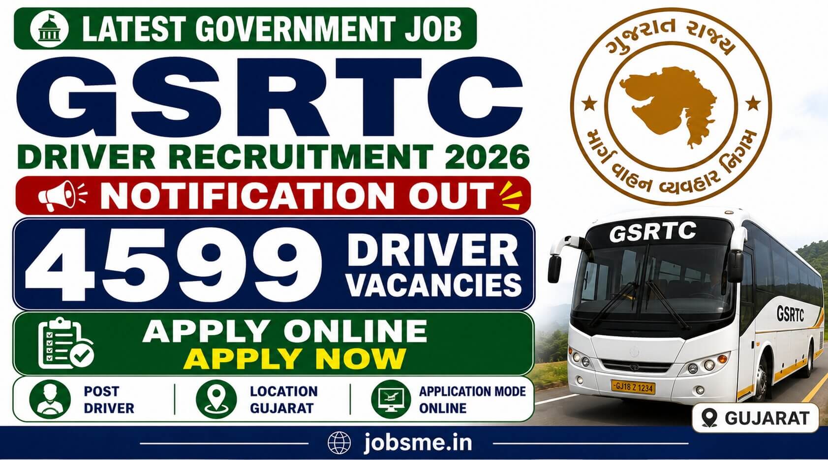 GSRTC Driver Recruitment 2026: Apply Online for 4599 Driver Vacancies in Gujarat