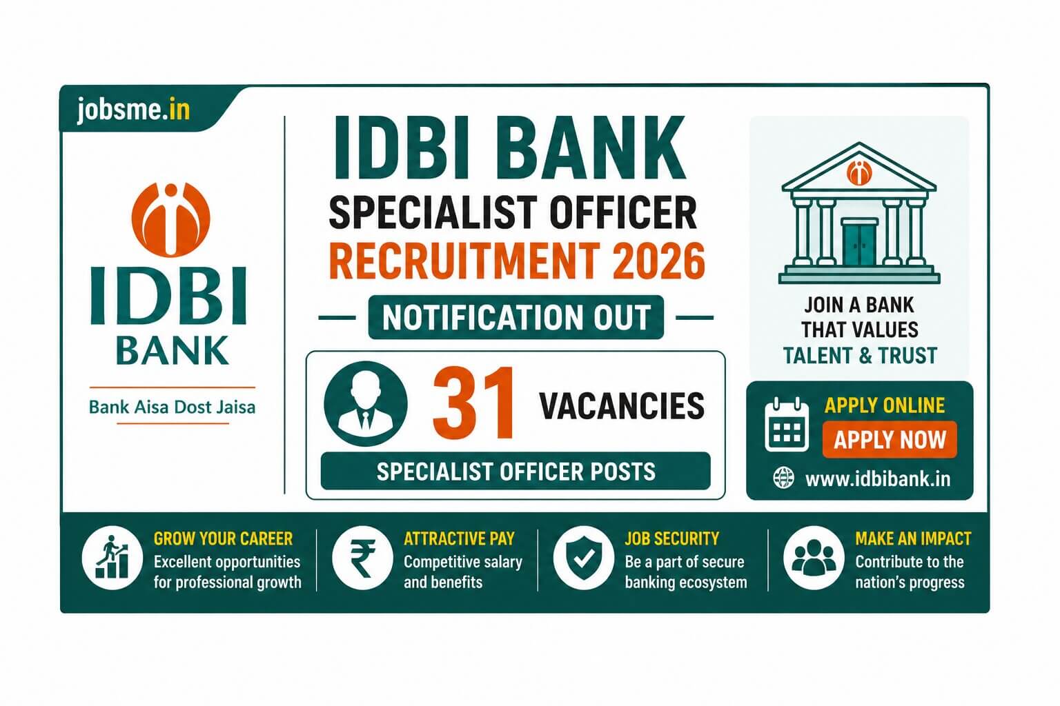 IDBI Bank Specialist Officer Recruitment 2026 Notification Out for 31 Posts, Apply Online