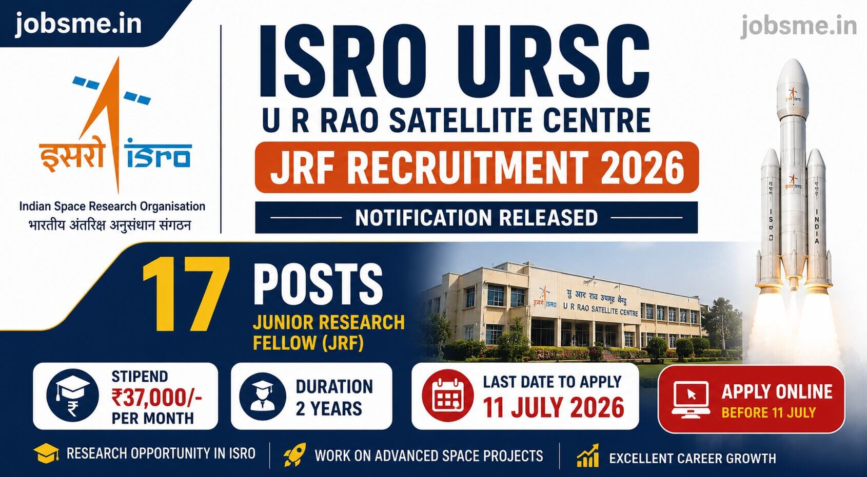 ISRO URSC JRF Recruitment 2026 Notification Released for 17 Posts, Apply Online Before 11 July