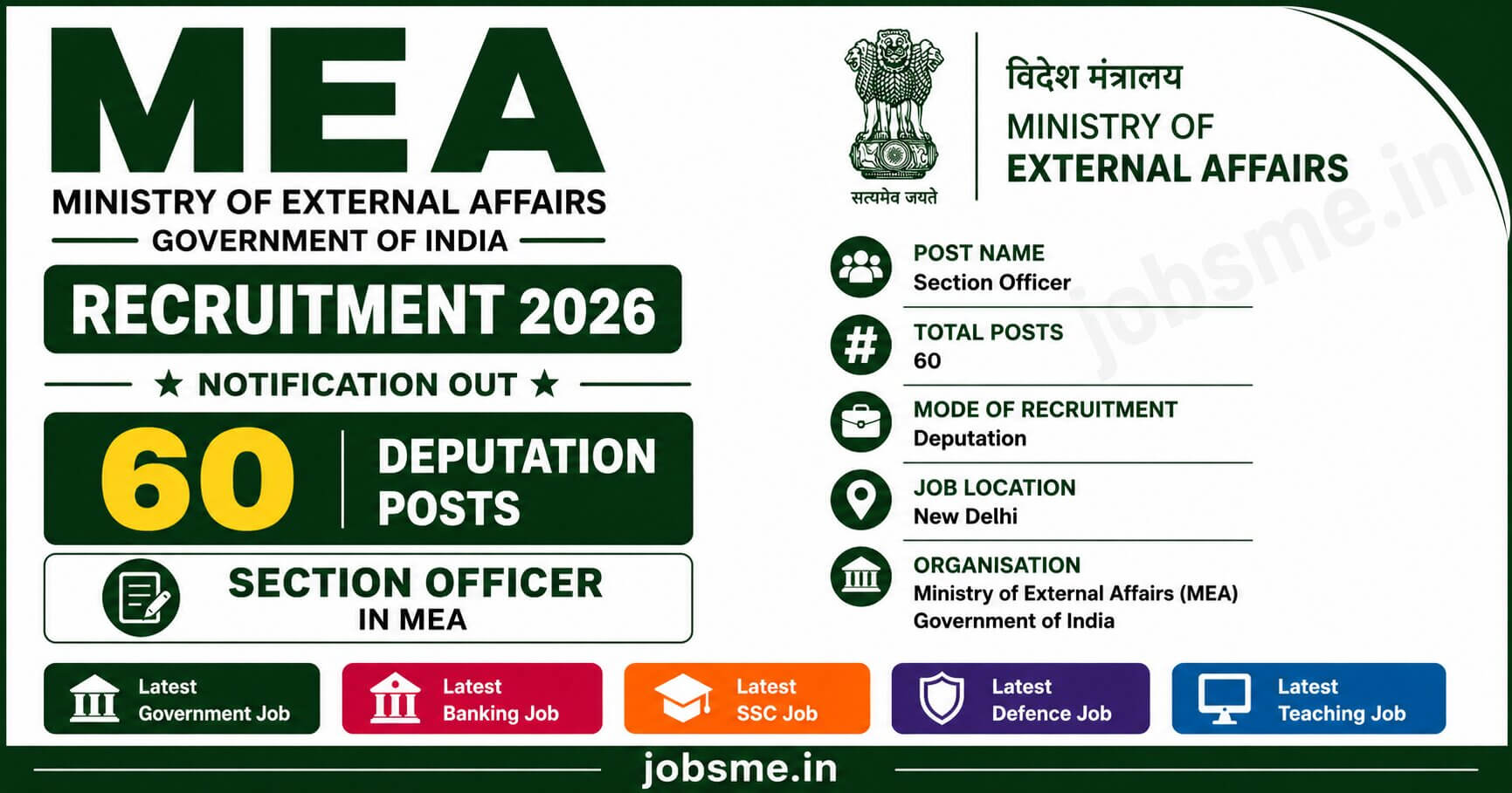 MEA Section Officer Recruitment 2026 Notification Out for 60 Deputation Posts