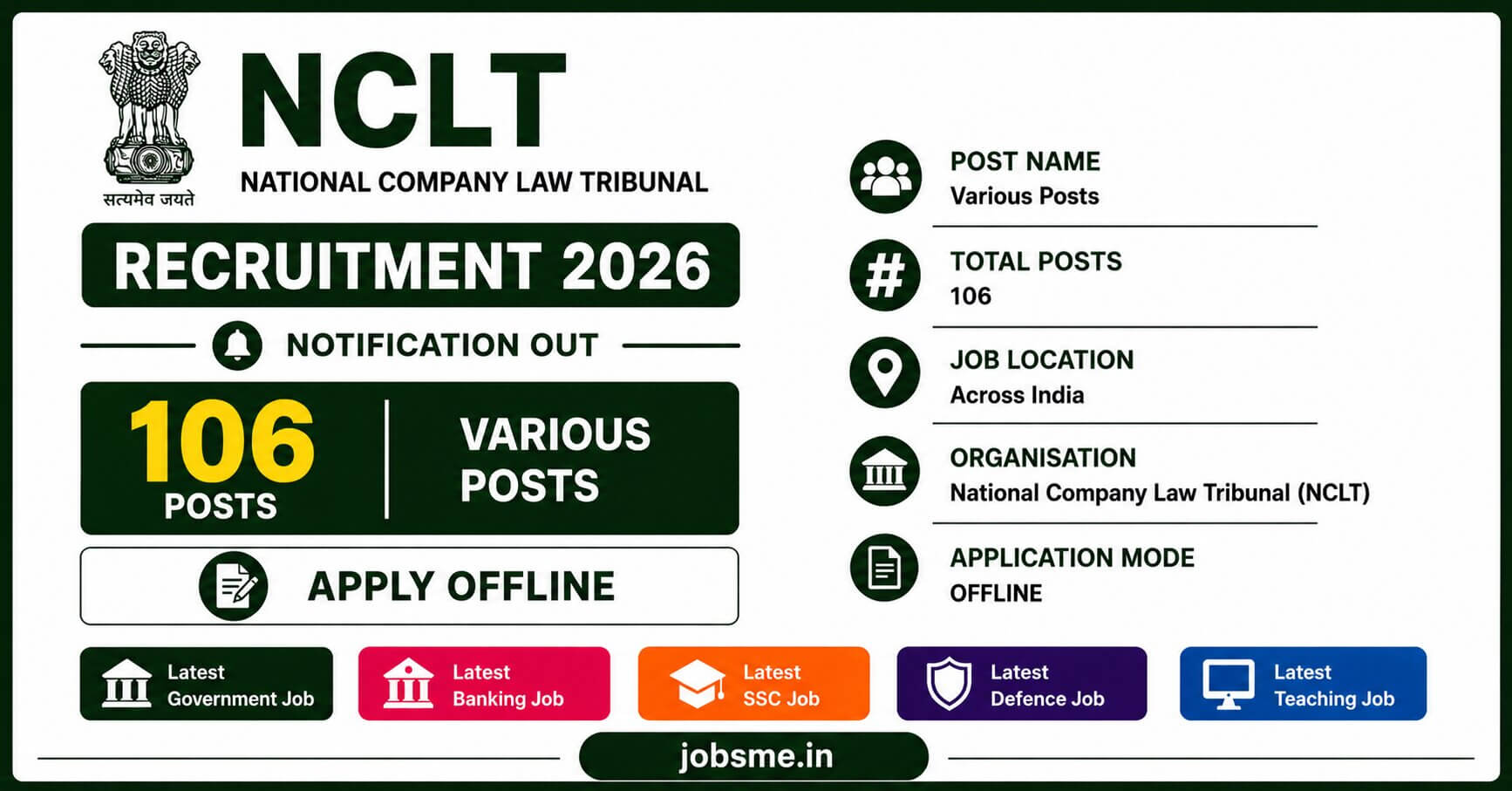 NCLT Recruitment 2026 Notification Out for 106 Posts, Apply Offline