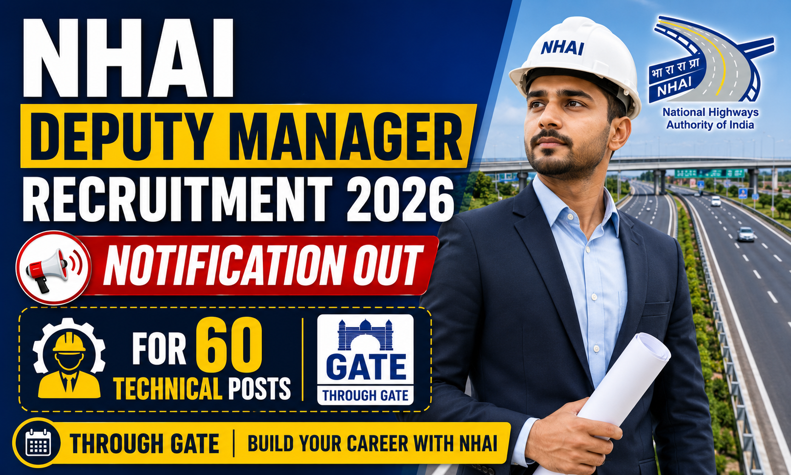 NHAI Deputy Manager Recruitment 2026 Through GATE Notification Out for 60 Technical Posts