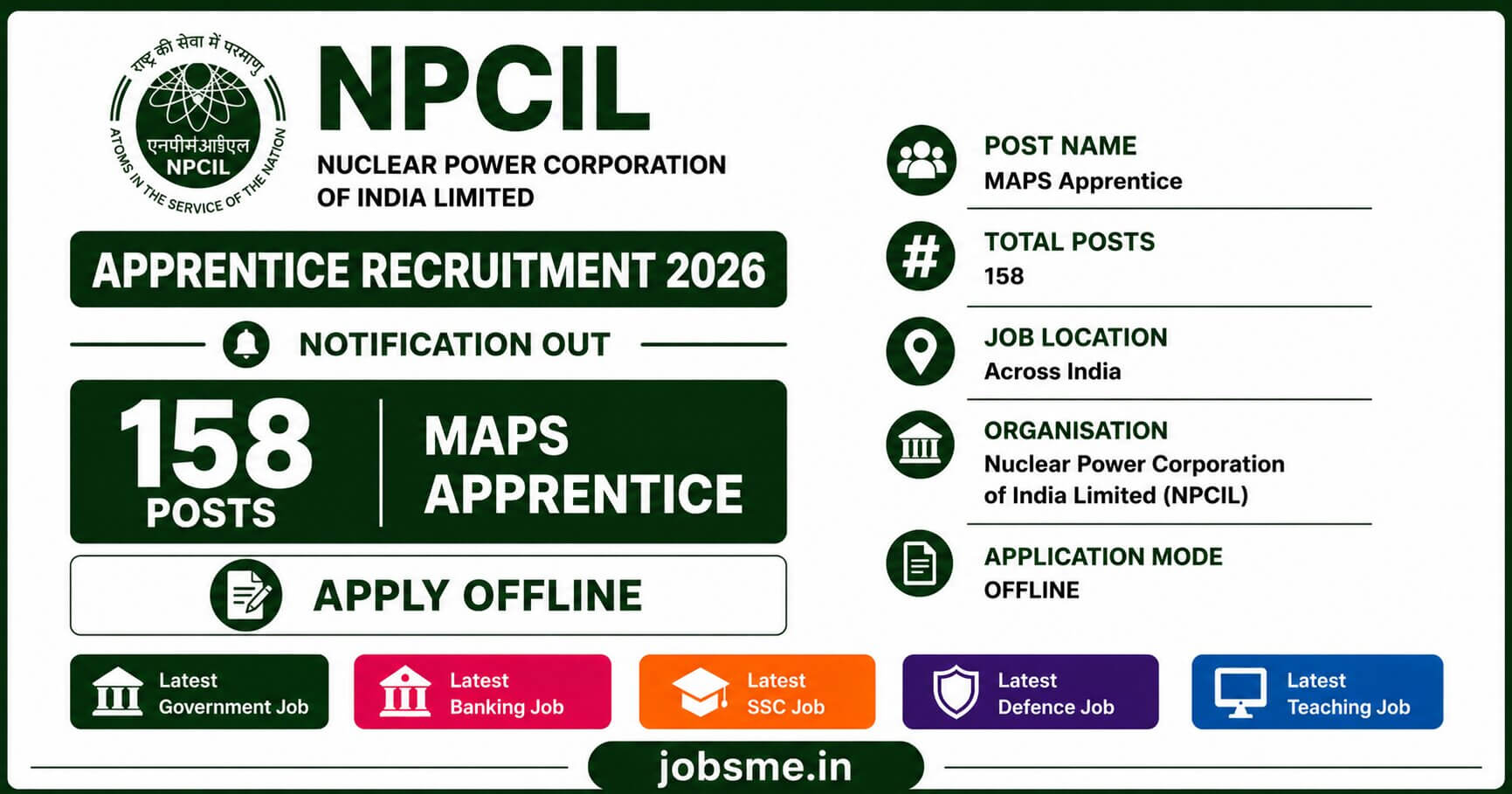 NPCIL MAPS Apprentice Recruitment 2026 Out for 158 Posts, Apply Offline