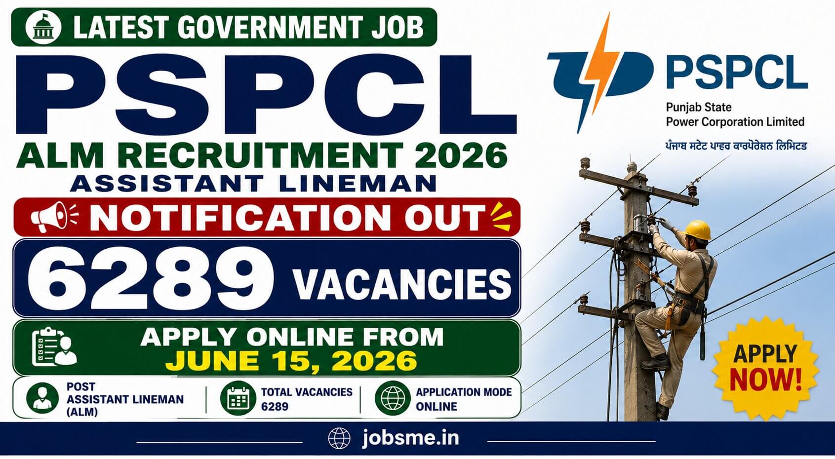 PSPCL ALM Recruitment 2026 Notification Out for 6289 Assistant Lineman Vacancies, Apply Online from June 15