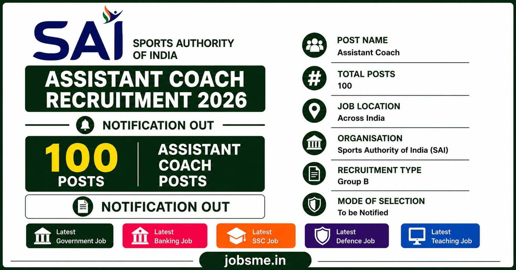 SAI Assistant Coach Recruitment 2026 Notification Out for 100 Posts