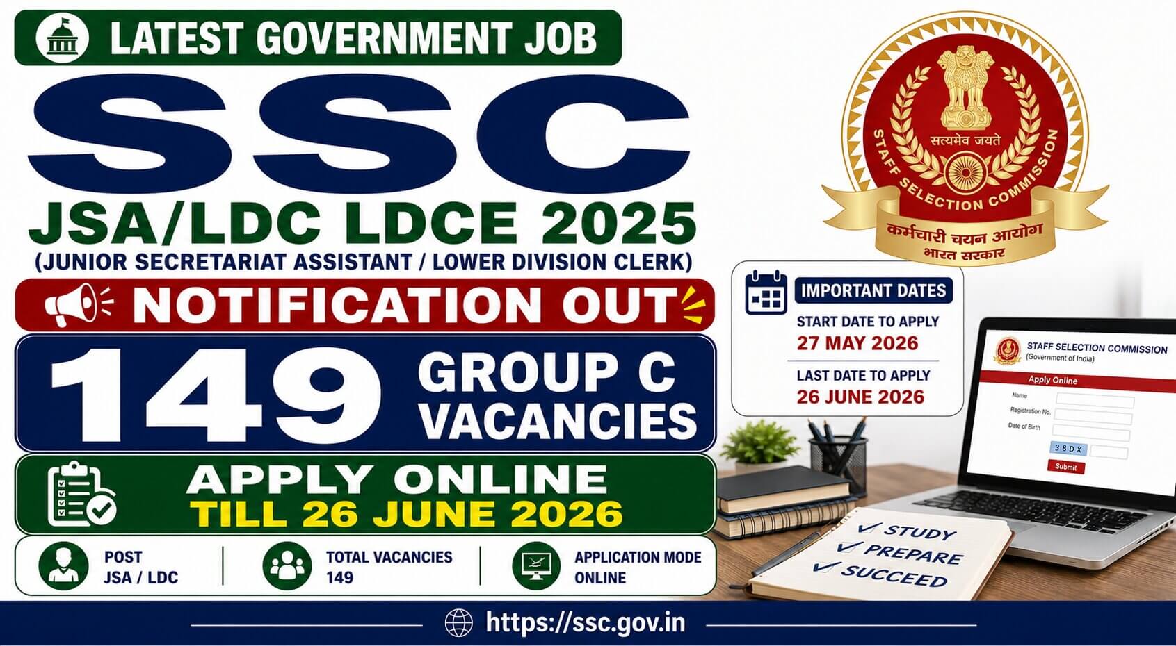 SSC JSA/LDC LDCE 2025 Notification Out for 149 Group C Vacancies, Apply Online Till 26 June 2026