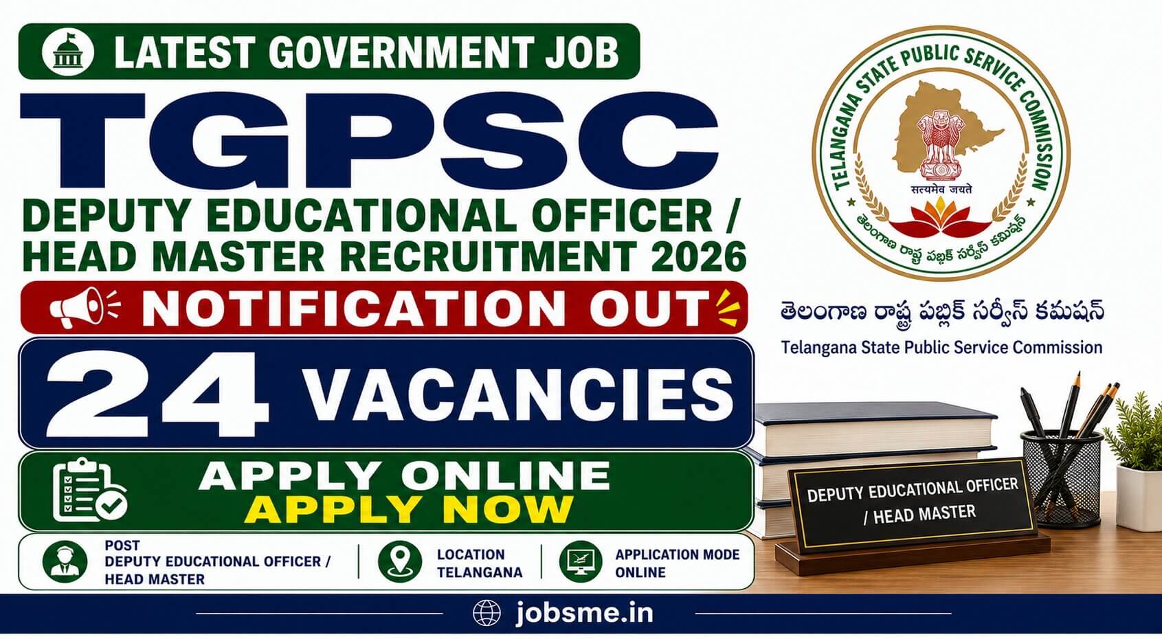 TGPSC Deputy Educational Officer / Head Master Recruitment 2026: Apply Online for 24 Vacancies