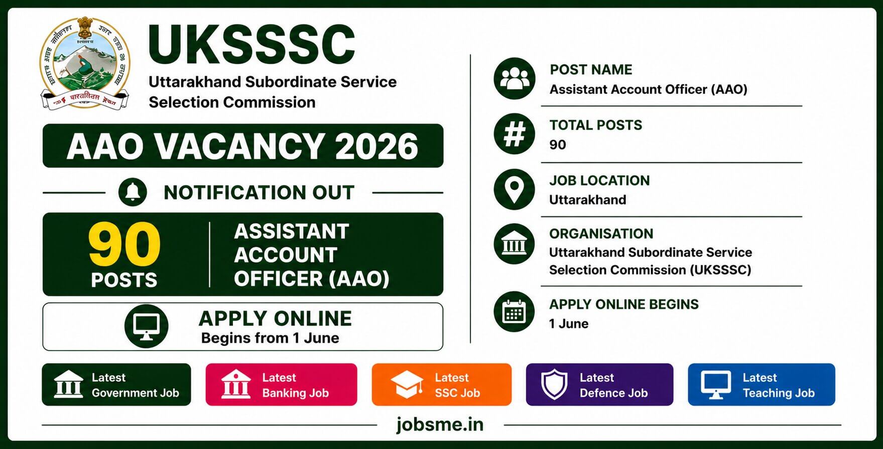 UKSSSC AAO Vacancy 2026 Out for 90 Posts, Apply Online Begins from 1 June