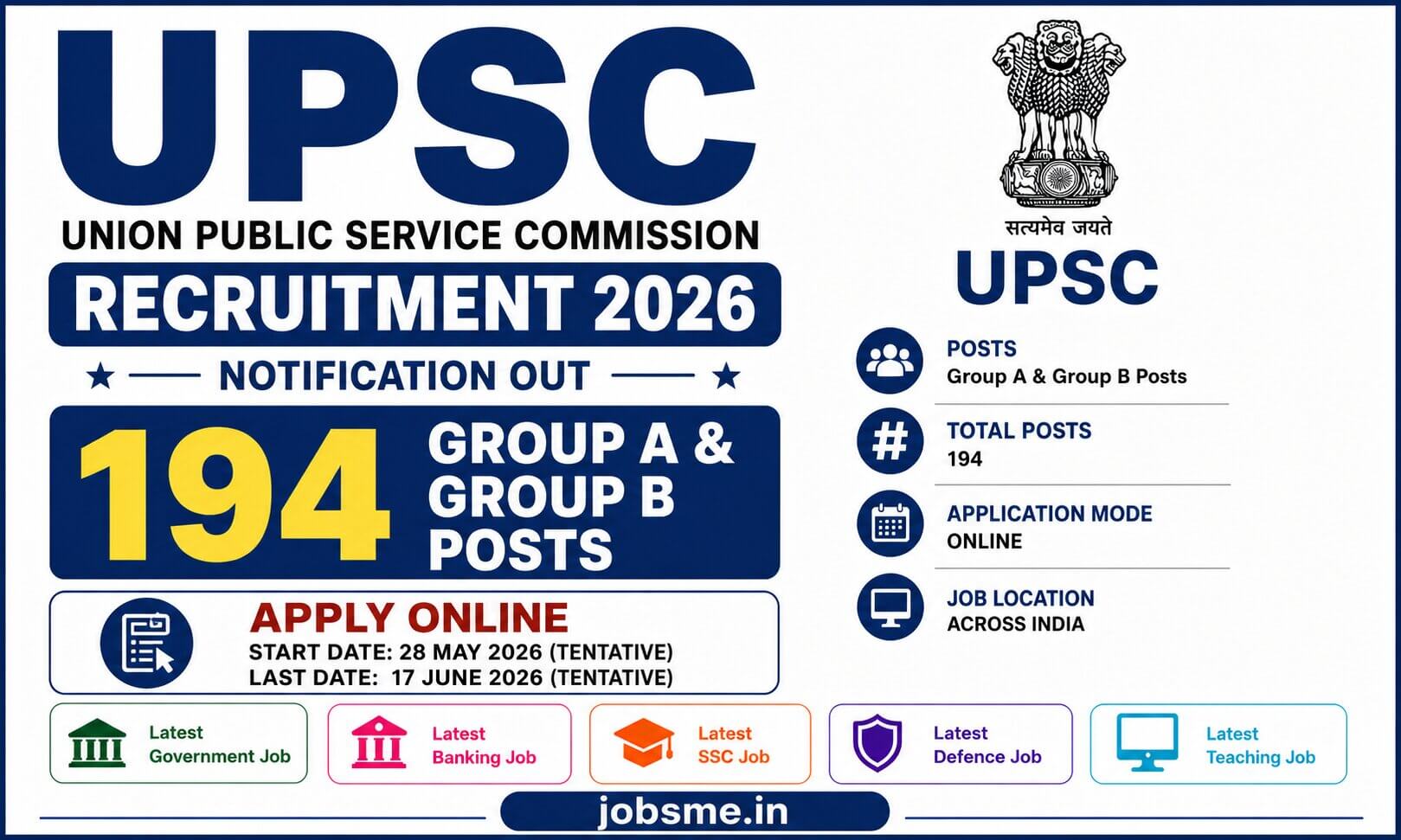 UPSC Recruitment 2026 Notification Out for 194 Group A & Group B Posts – Apply Online