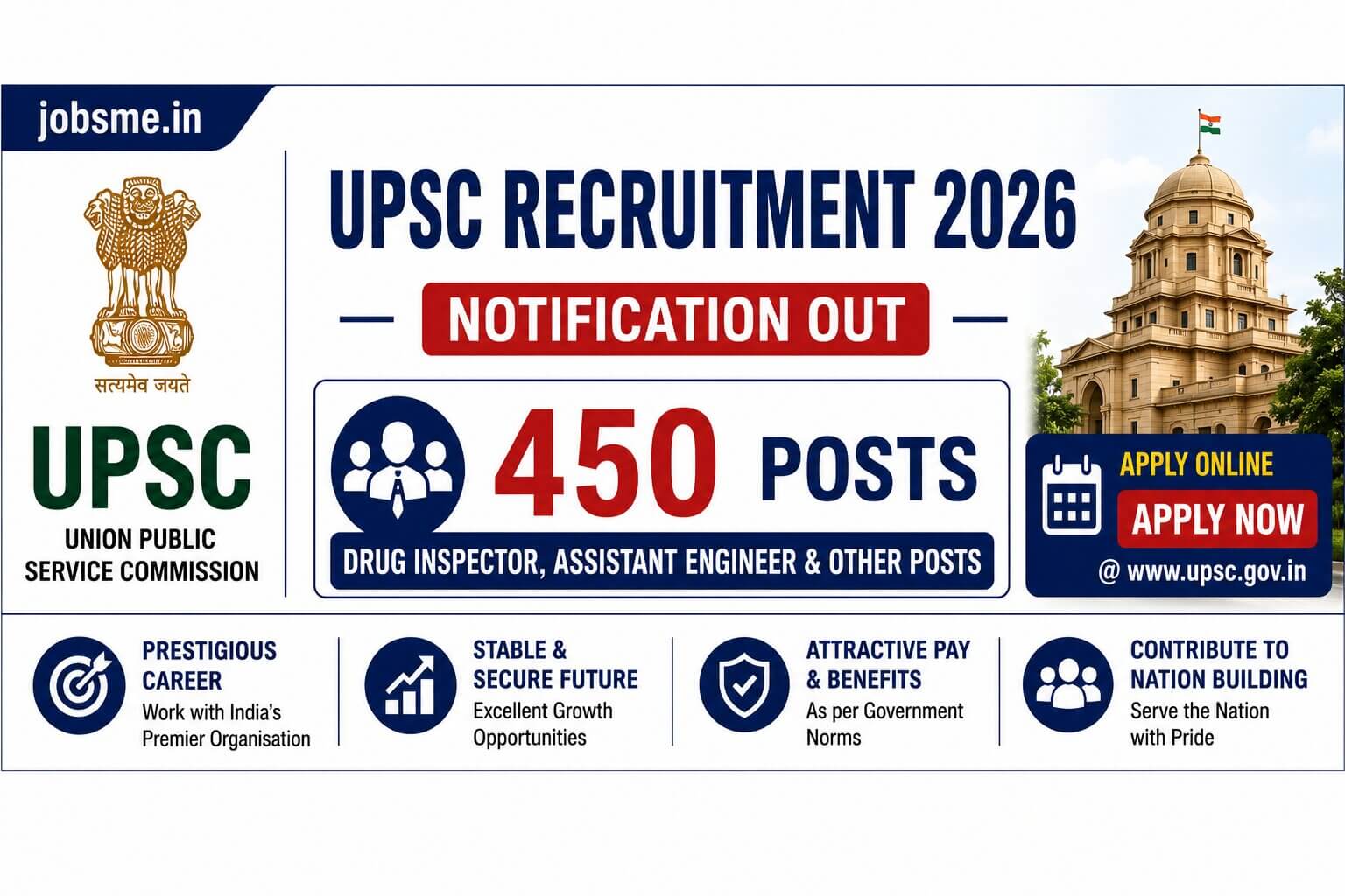 UPSC Recruitment 2026 Notification Out – Apply Online for 450 Drug Inspector, Assistant Engineer & Other Posts