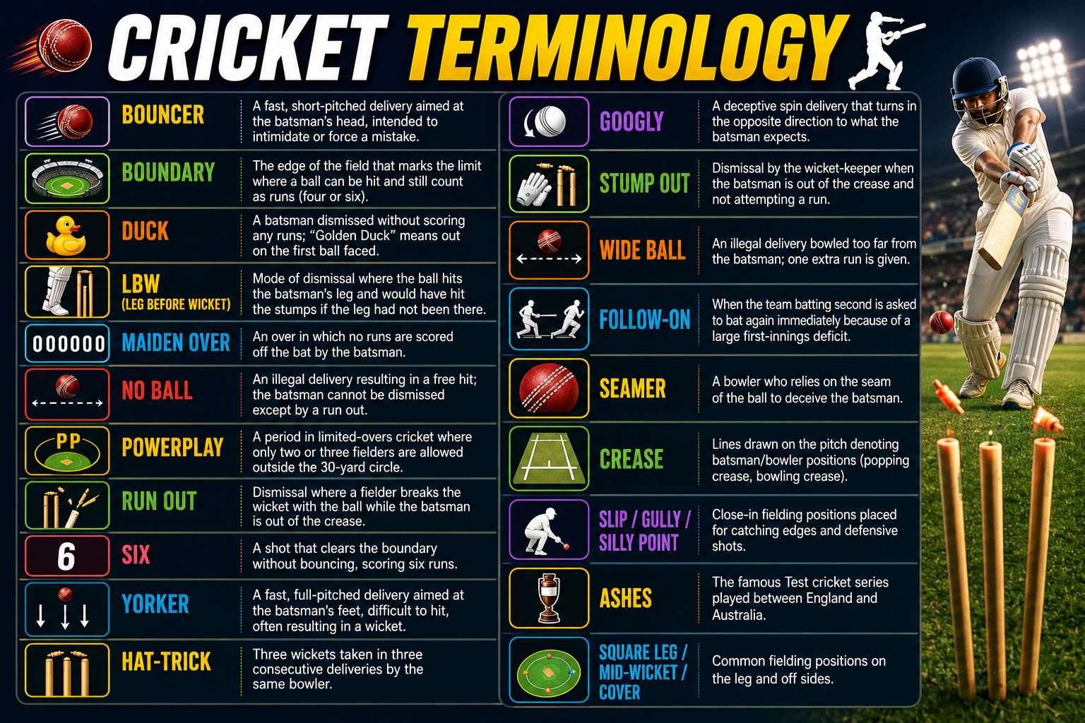 Cricket terms cheat sheet poster