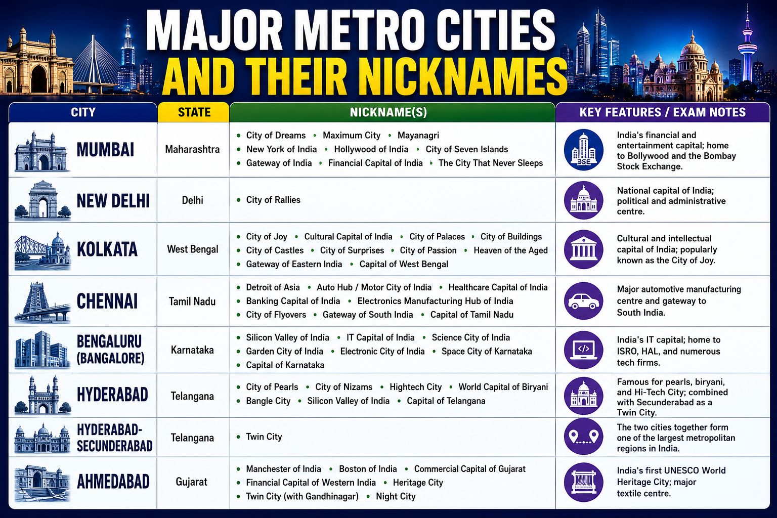 Indian metro cities and their nicknames